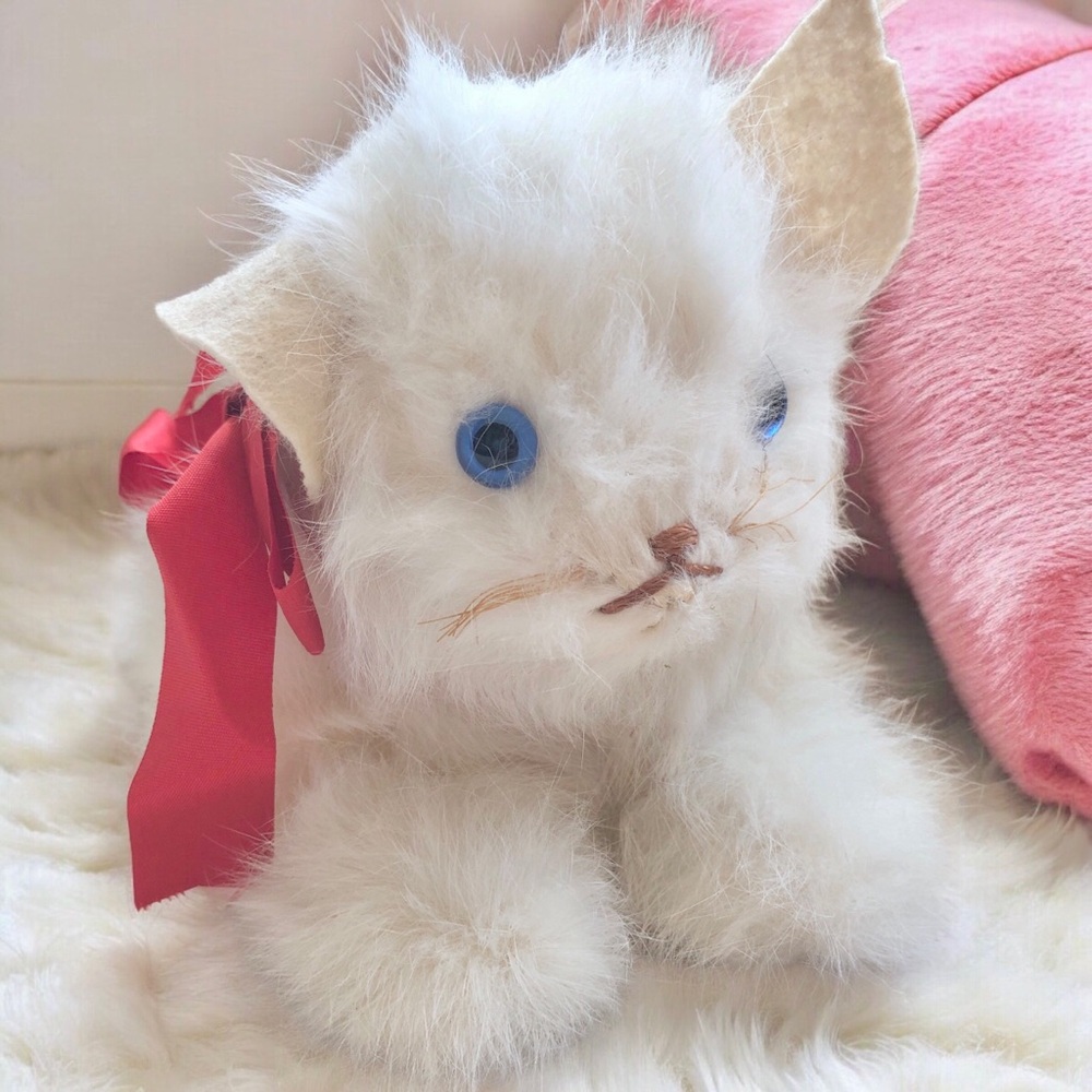 Vintage 60s Jerry Elsner Rabbit Fur Cat Kitten Blue Eyes Red Bow